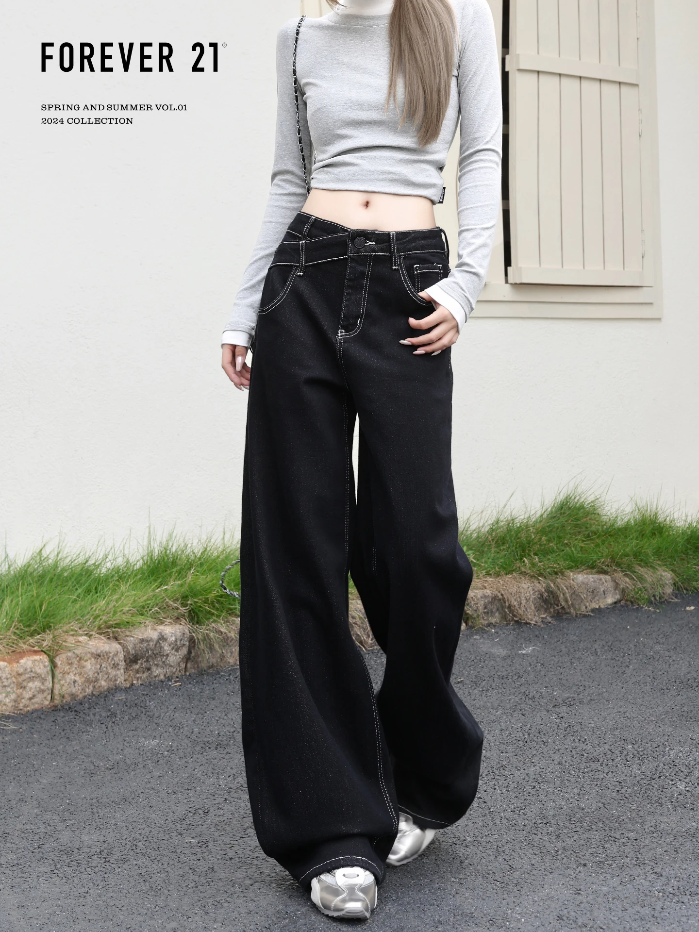 Forever 21 American Style High Waist Wide Leg Jeans Women's Design Sense Ironed Diamond Loose Narrow Version Straight Leg Pants