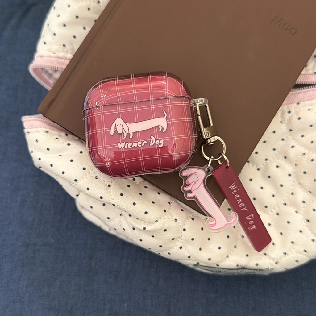 Fashion Exquisite Wine Red Grid Pink Lines Dog Glossy Surface Earphone Protect Cover Case AirPods 2 3 4 5 Pro Pro2 Pro3