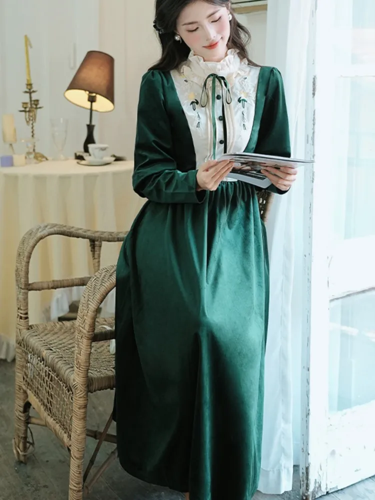 Vintage Green Velvet Midi Dress for Women Autumn Long Sleeve Ruffles O-neck Lace-up Slim Evening Party Robe Elegant Vestidos New