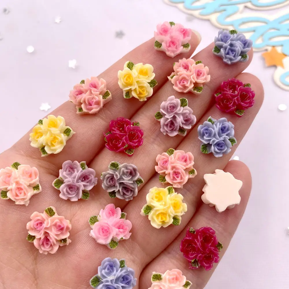 50 pz resina Mini colorato tre foglie rosa retro piatto fiore figurine Nail Art fai da te matrimonio scrapbook gioielli artigianato accessori