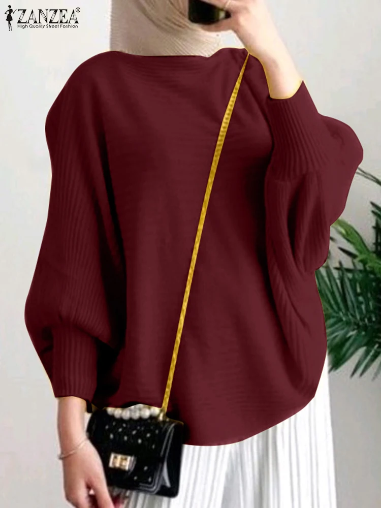 2025 Women Autumn Blouses Pullover ZANZEA Fashion Solid Knitted Shirt O Neck Long Sleeve Tops Casual Ribbed Blouse Muslim Blusas