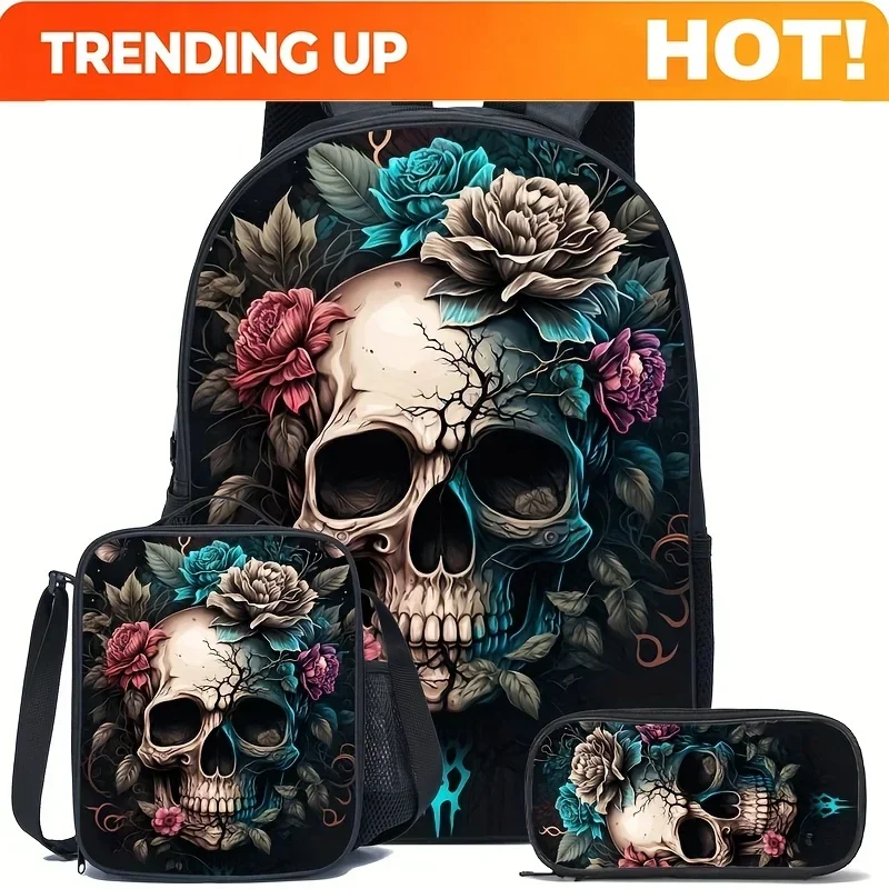Custom Skull Head Black Backpack 3pcs Set, Includes Lunch Bag, Pencil Case, Backpack