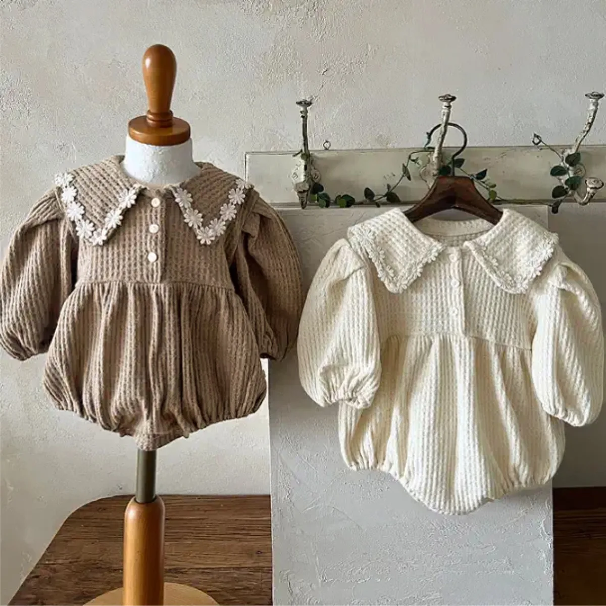 2026 Spring New Baby Girl Long Sleeve Bodysuit Solid Waffle Girls Cute Lapel Princess Jumpsuit Newborn Infant Clothes 0-24M