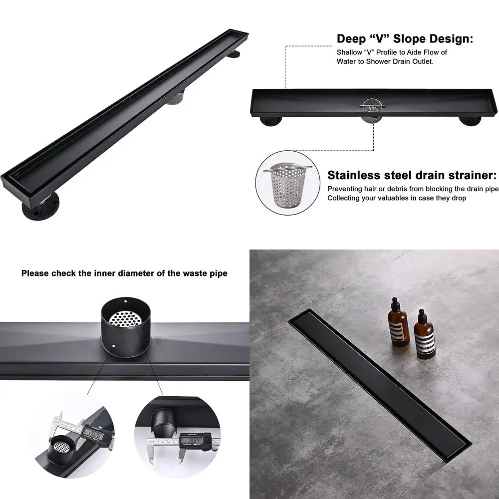 

Stainless Steel Rectangular Shower Drain Kit, 36 Inch Black Linear Floor Drain with Reversible Trench Design for Bathrooms