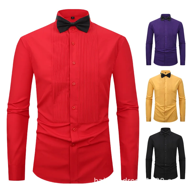 

Elegant Men's Slim Fit Shirt with Pleats and Stretch - Business Formal Dress