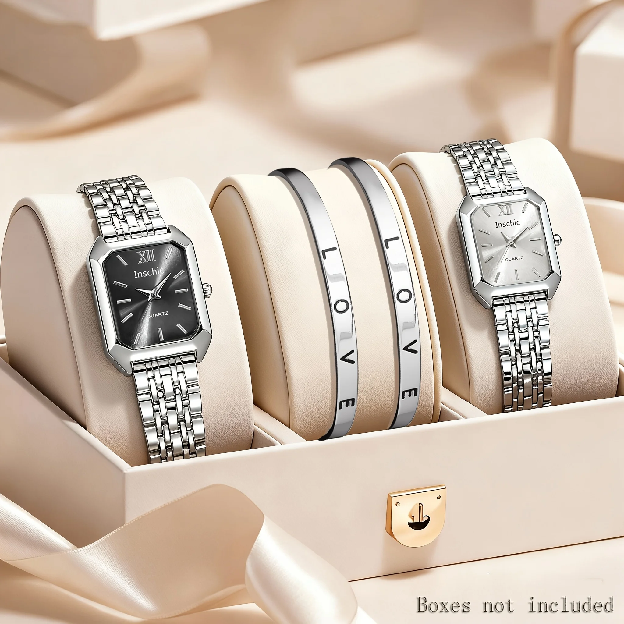 

This elegant 2-piece women's watch gift set features a stylish and romantic open bracelet paired with a court-style quartz watch