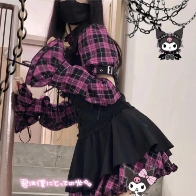 Japanese Lolita Sweet Cool Black Purple Rock Cat JK Plaid Slim Girl Detachable Sleeves with Ruffle Edge Panel Party Strap Dress