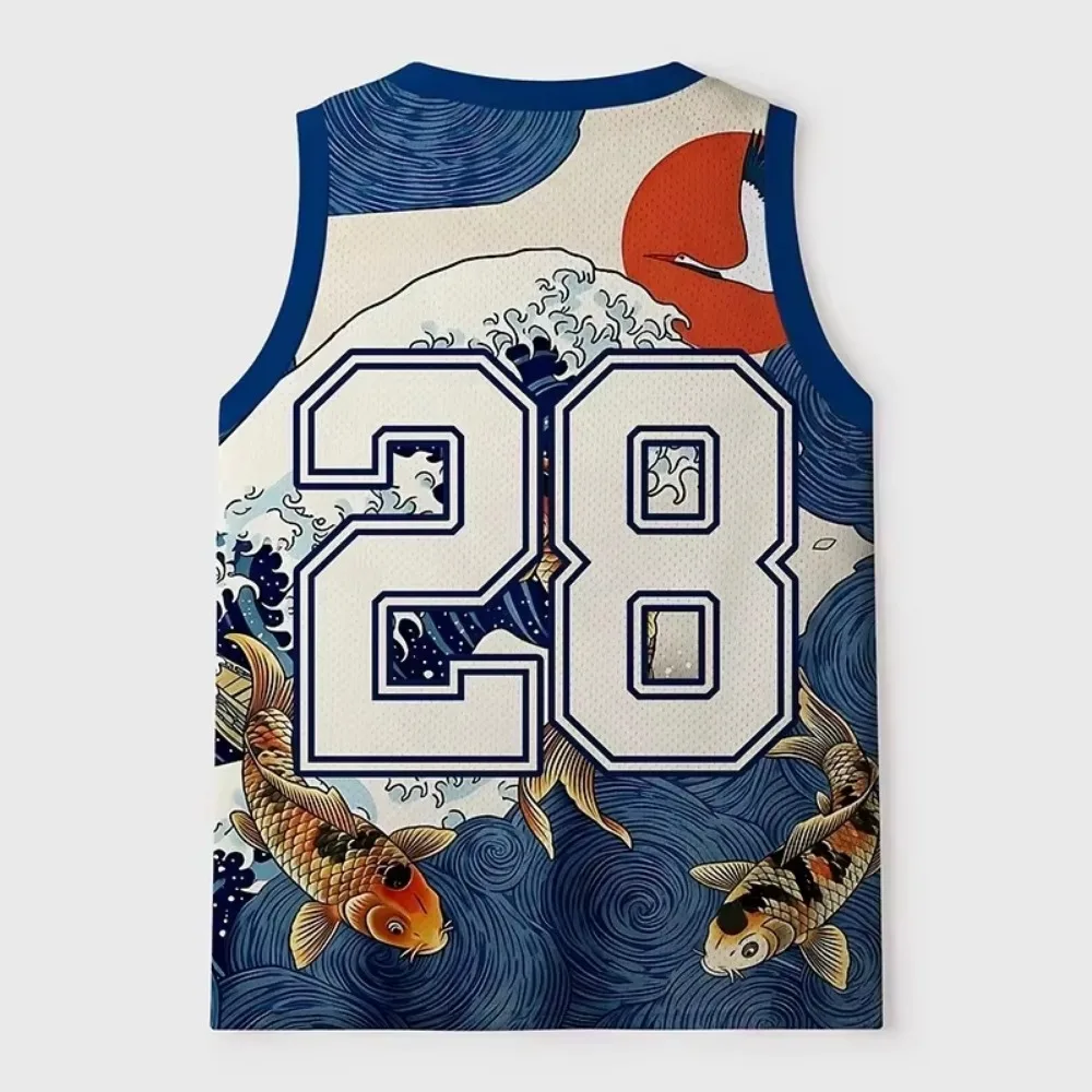 Summer Japanese Ukiyo-e Koi Fish Wave Design Lucky Peace 3D Printing Y2K V-neck Breathable and Quick-drying Streetwear Tank Tops