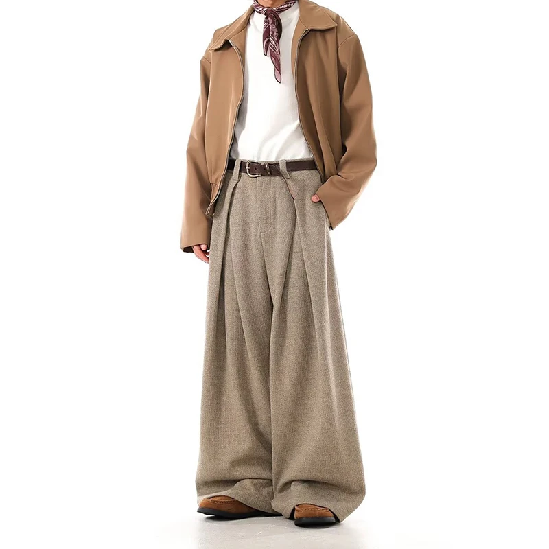Autumn Winter Men's High Waist Double Pleated Wide Leg Dress Pants Draping Wrinkle Resistant Breathable Textured Fabric Trousers