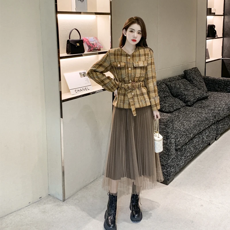 Fall Winter New Skirt Suit Women High Quality Elegant Plaid Tweed Jacket Coat+Mid Mesh Skirt Casual Evening Party Two Piece Set