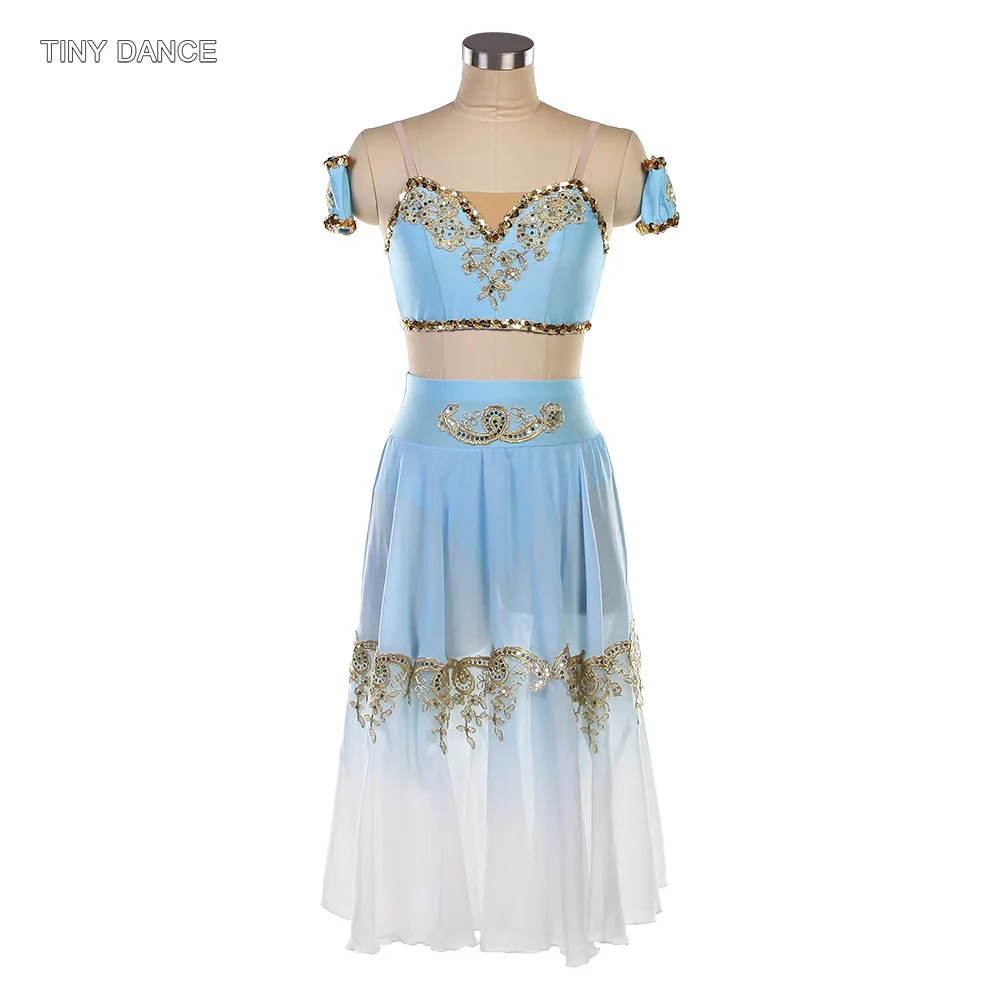 

Sky Blue or Lilac Ballet Dance Costume Set 2 in 1 Performance Wear Spandex Bra Top with Long Skirt for Girls and Women 26142