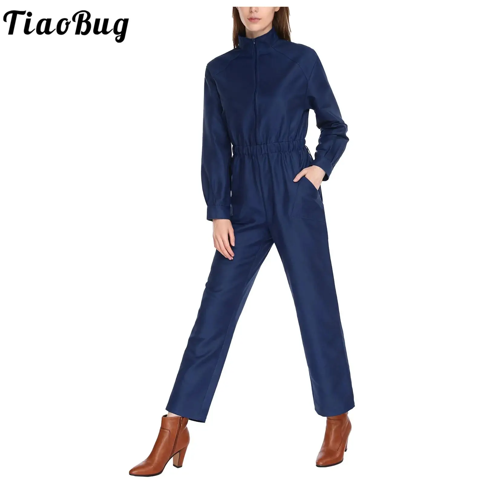 

Women Men One-Piece Coveralls Factory Workwear Jumpsuit Stand Collar Long Sleeve Front Zip Patch Pockets Wide Leg Pants Rompers