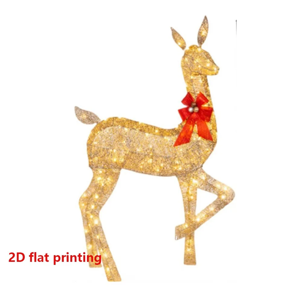 2D Flat Lighted Reindeer Statue With Bow Acrylic Deer Xmas Luminous Reindeer Golden Reindeer Crafts Christmas Deer Ornament