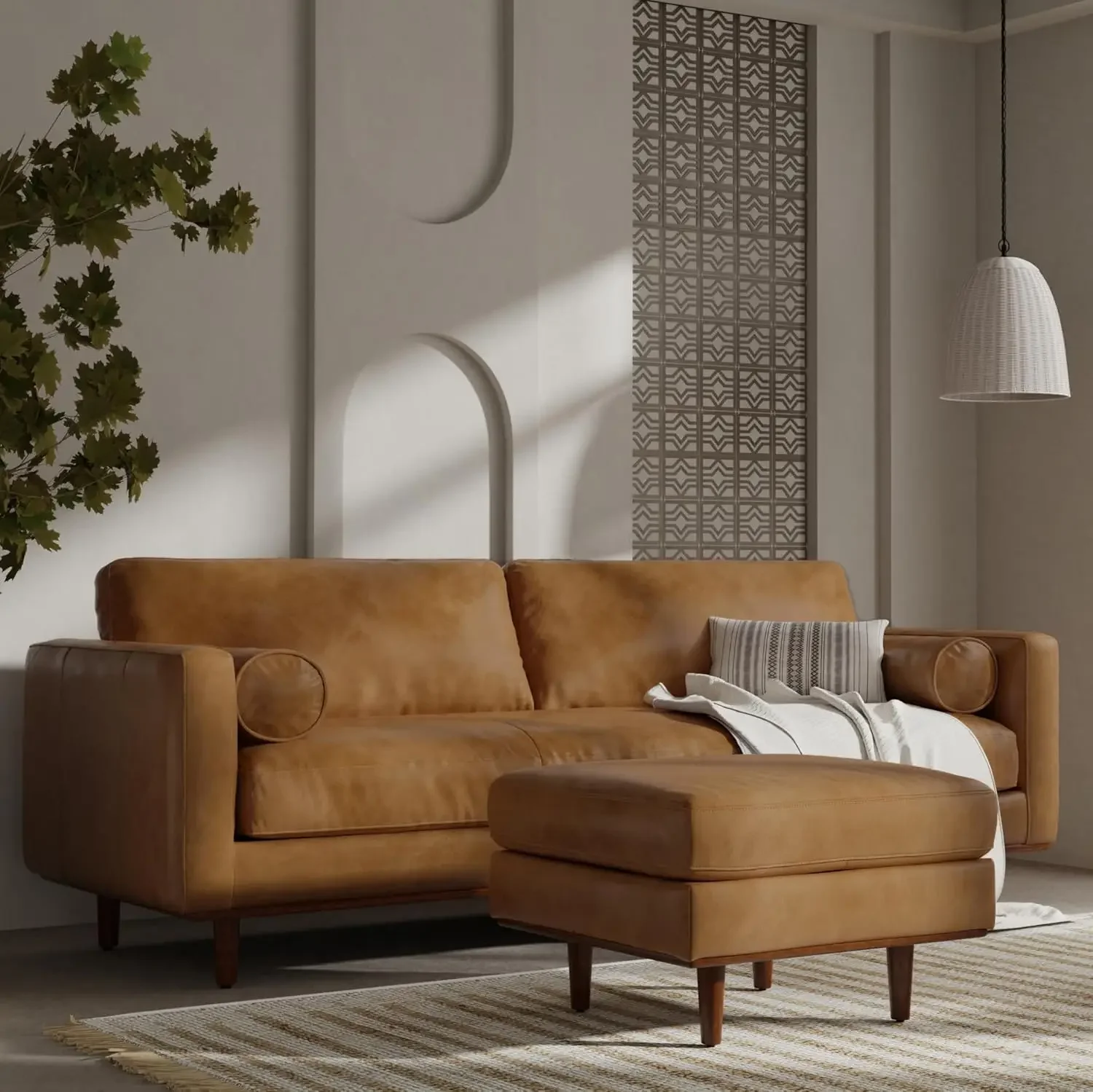 

Mid-Century Modern Sofa in Caramel Brown/Sienna Full Grain Leather, Pure - Aniline Leather, For the Living Room and Family Room