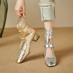 New Summer Sandals Square Toe Chunky Heels Fashion Hollow Out Sandals Shoes for Women Zapatos De Mujer Mesh Boots Sandals