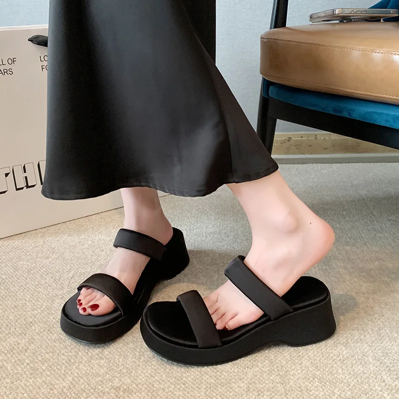 

Silver Metallic Two Strap Wedge Slide Sandals For Women With Open Toe And Thick Sole Comfortable Casual Summer Outdoor And Daily