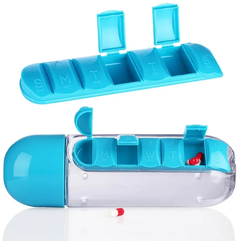 2 in 1 600ml 7 Grids Medicine Box Water Cup Sports Plastic Water Bottle Combine Daily Pill Boxes Organizer Drinking Bottles