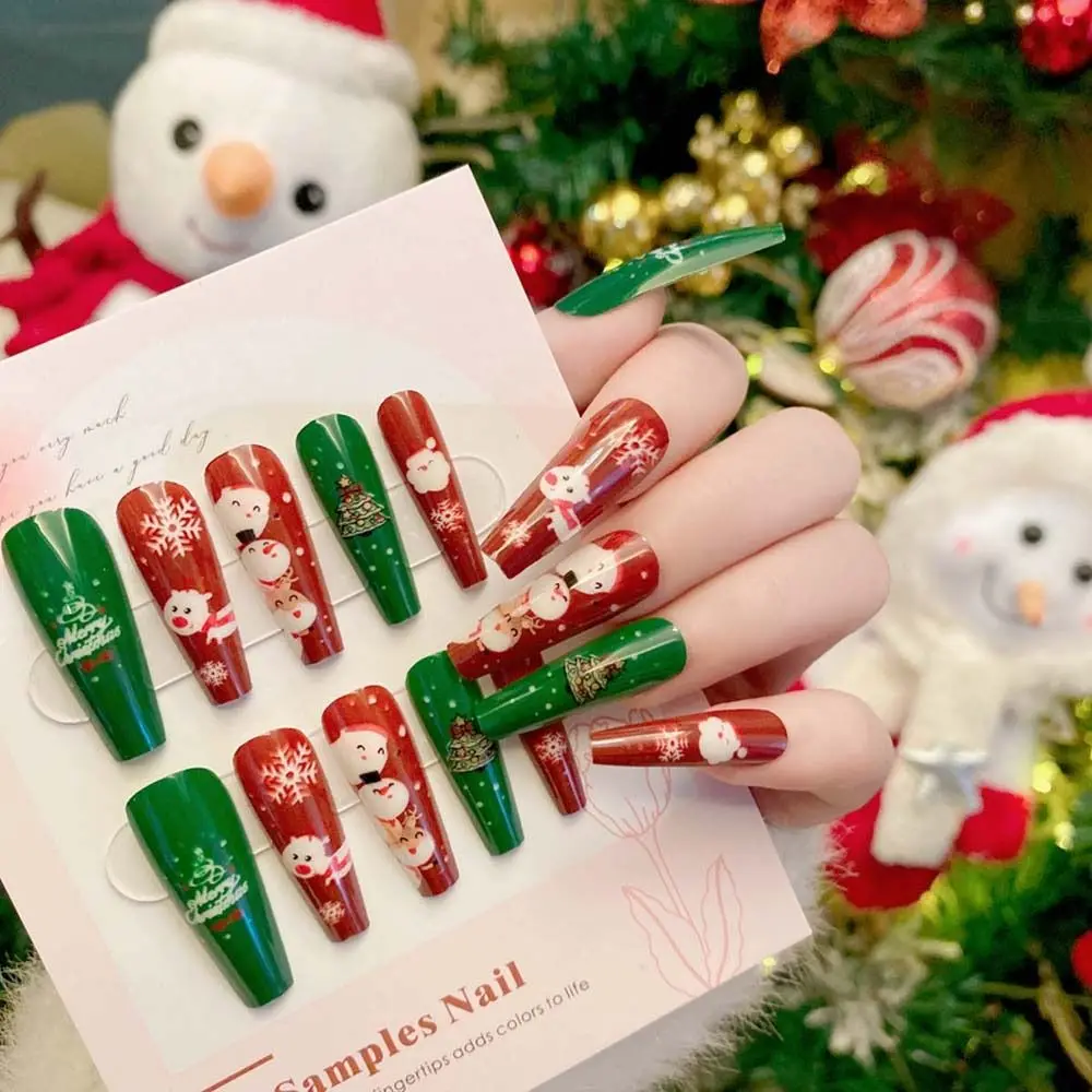 24Pcs/set Christmas Snowflake Christmas False Nails Nail Supplies Elk Pattern Christmas Fake Nails Short Long Shaped