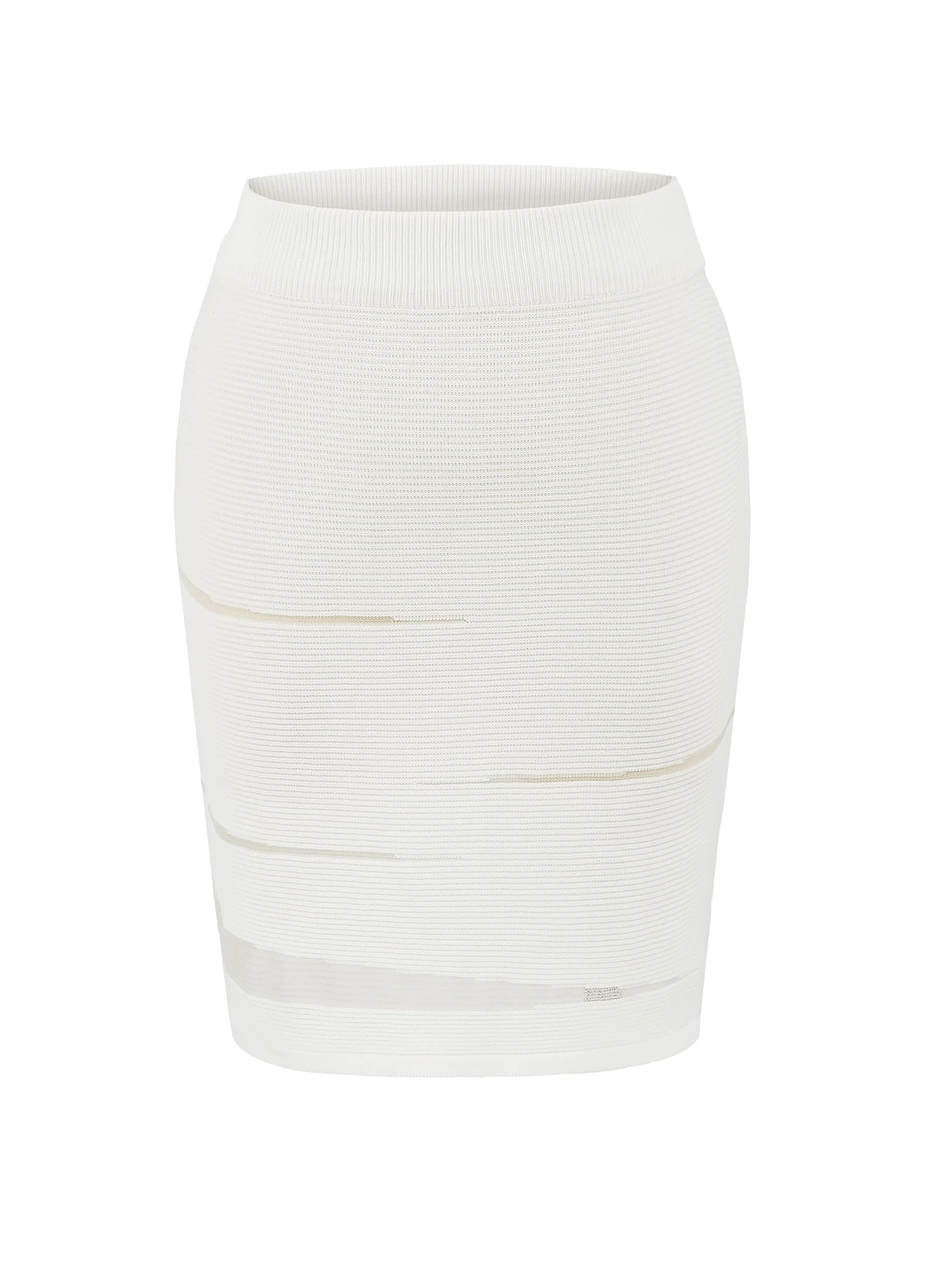 Seksowny ażurowy komplet dzianinowy z wysokim stanem, dopasowana spódnica, transparentny design, efekt wyszczuplający, okrągły dekolt, krótki top.