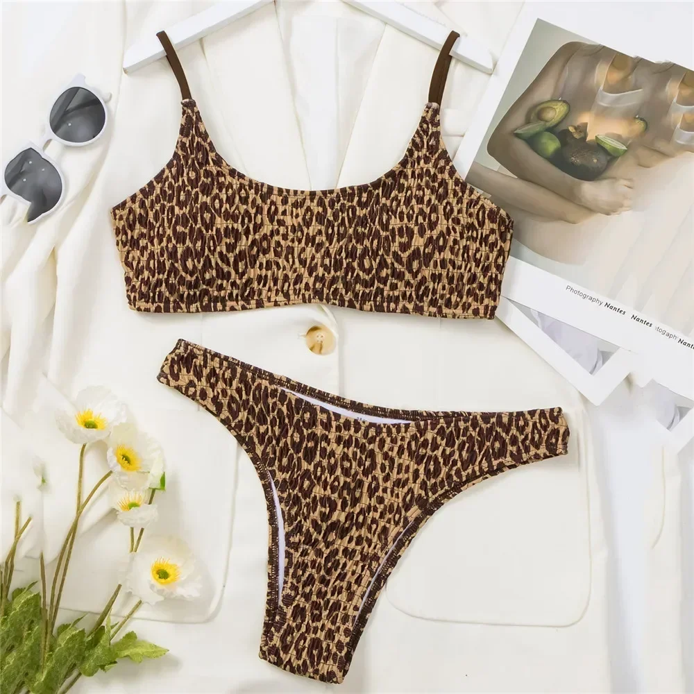 

Коричневый леопардовый принт, купальник, морщинистые комплекты бикини-бандо, женские сексуальные купальники, купальный костюм с высоким вырезом, бикини 2025 Mujer