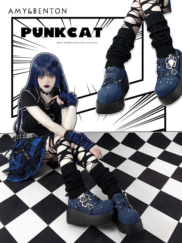 Original Punk Style Rivet Platform Shoes Subculture Y2K Hot Girl Lolita Mine Women Shoes Round Head Leather High Heels Students