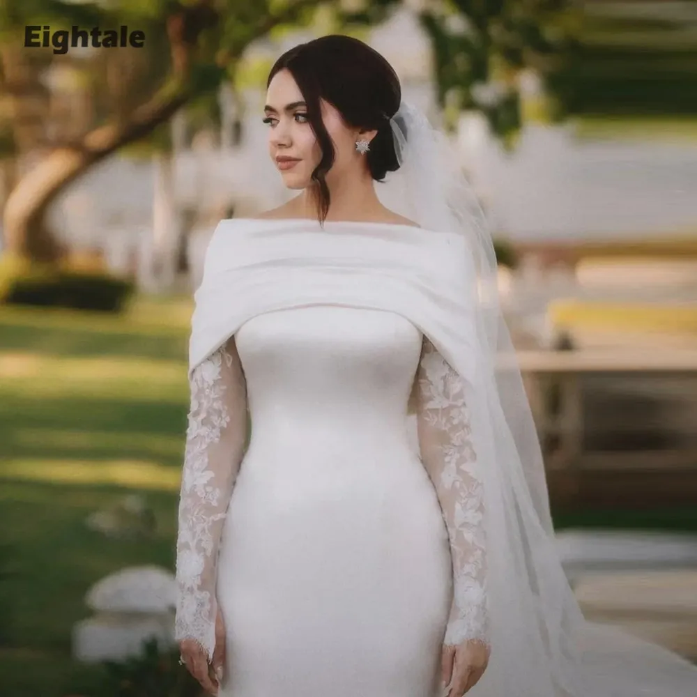 

Eightale Arabic Wedding Dresses Lace Customized Long Sleeve Mermaid Satin Floor Length Bridal Gowns Vestidos De Novia