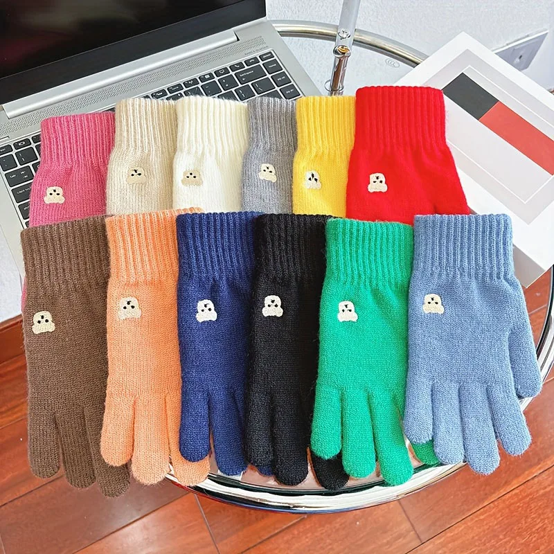 New Autumn/Winter Unisex Solid Color Gloves Cute Bear Fleece Knit Split-Finger Touchscreen Gloves with Exposed Fingers