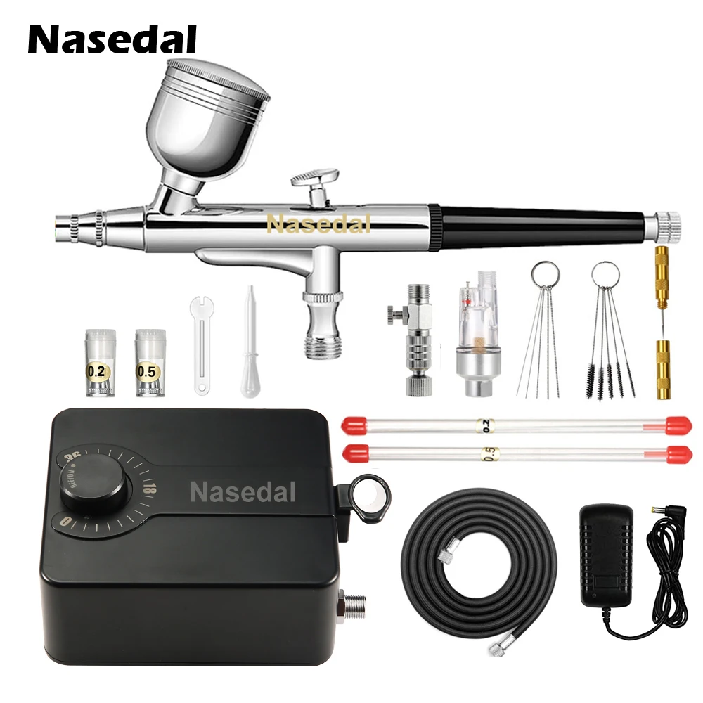 Nasedal 0.3mm Dual-action Airbrush Compressor kit 36psi Auto Stop Air Compressor Nail Art Paint Model Cake Car Painting Tool