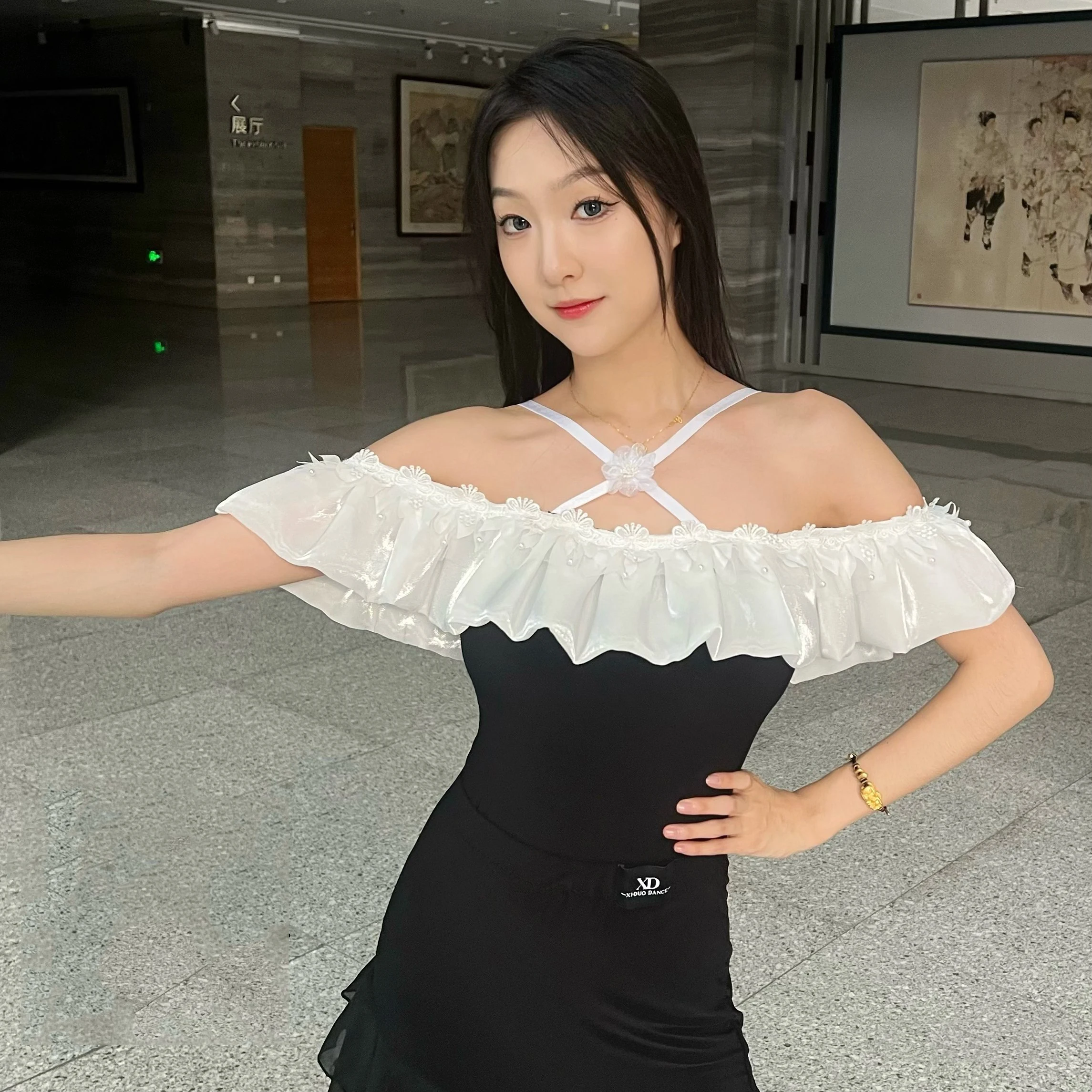 

Одежда для занятий современными танцами, сексуальный топ с рюшами и открытыми плечами для женщин, костюм для вальса, латинских танцев, бальных танцев, DN22879