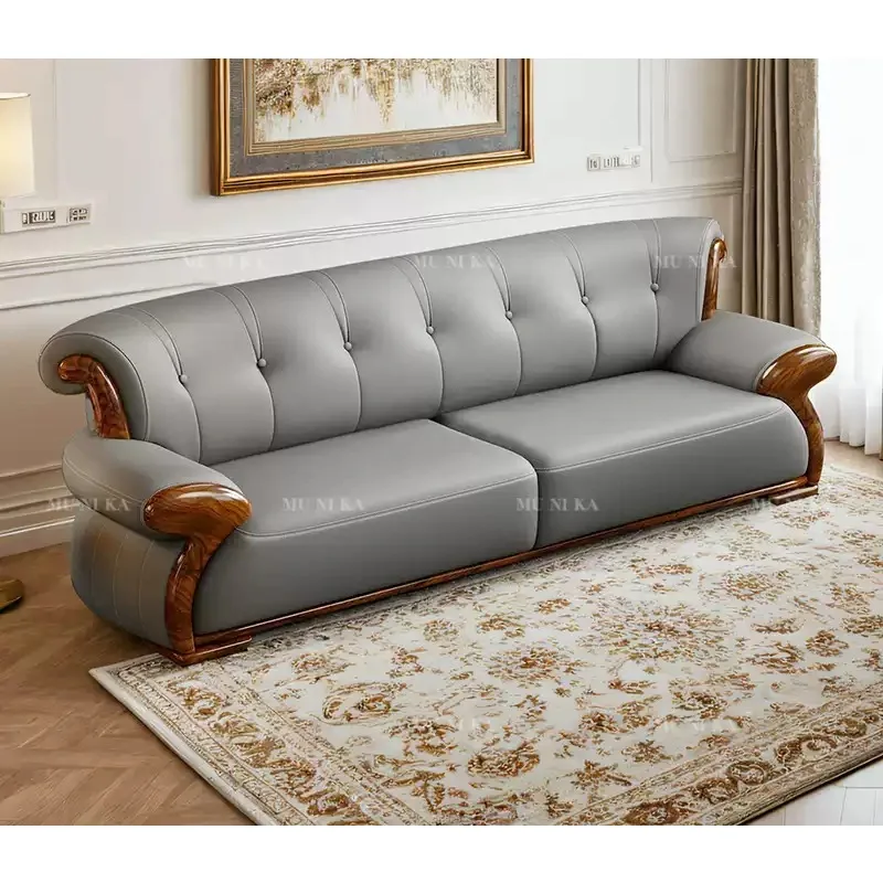 

European ebony leather sofa high-end villa solid wood cowhide 124 combination large living room luxury Foshan furniture