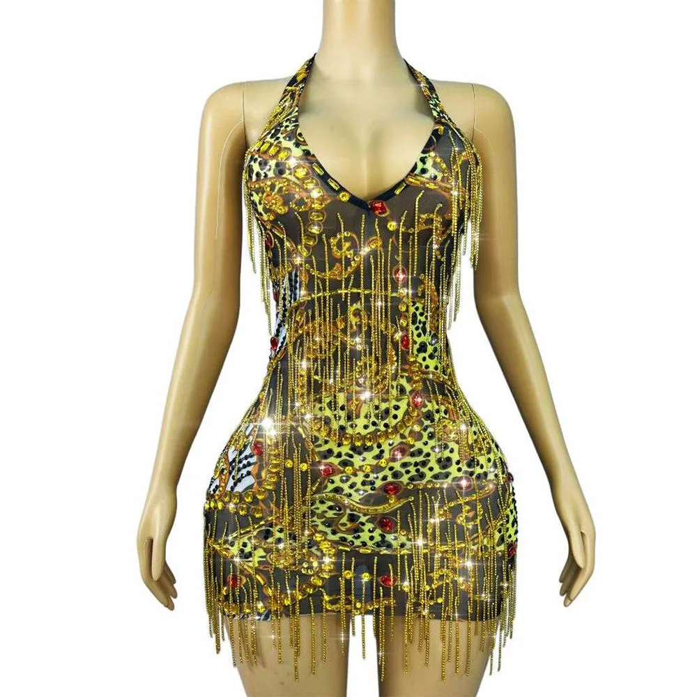 

Black Gold Shining Crystals Chains Sexy Halter neck Backless Dress Evening Birthday Party Photo Shoot Gowns Fashion Show Outfit