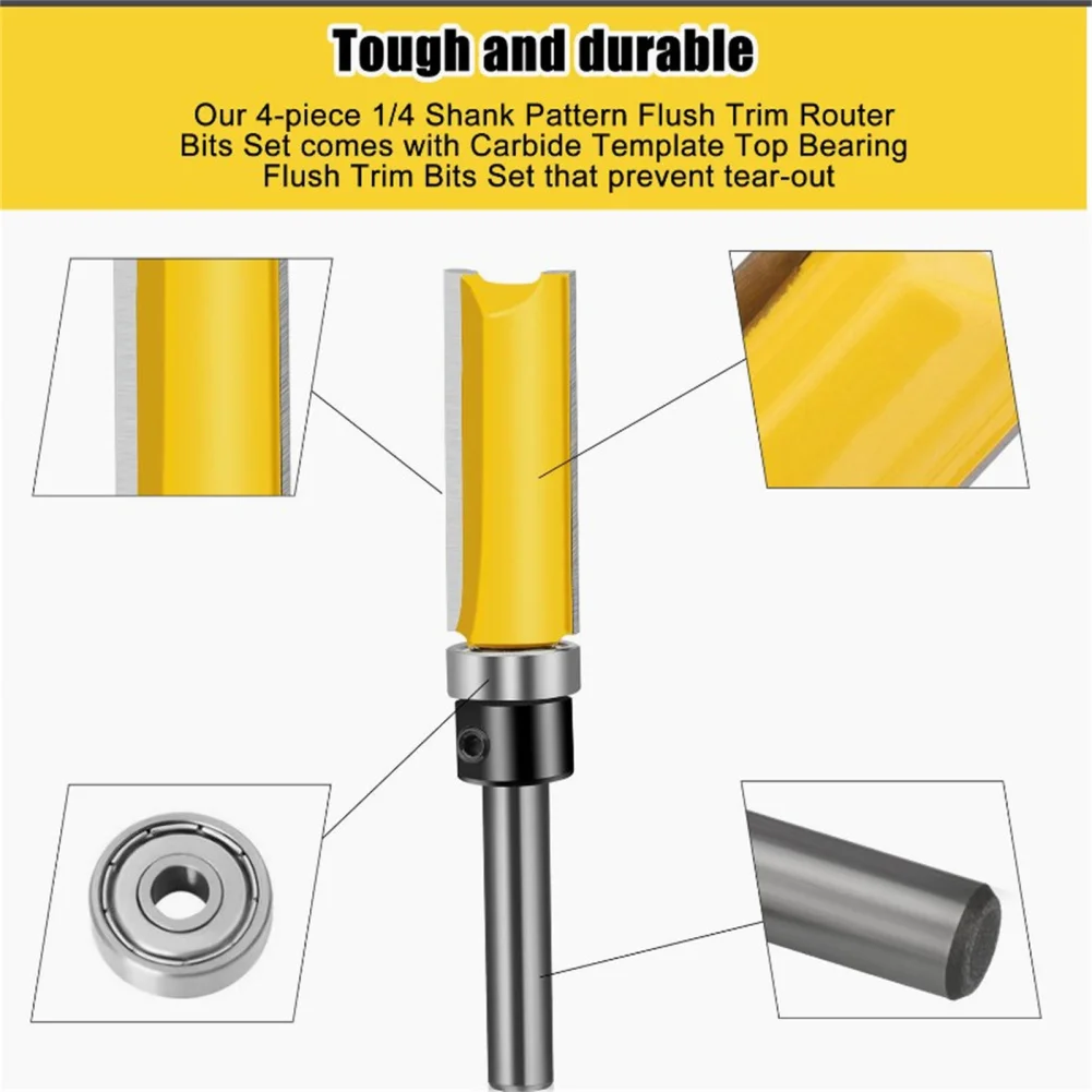 4pcs Flush Trim Router Bit Set With 1/4 Inch Shank Precision Cutting Woodworking Milling Cutter Tool For Professionals