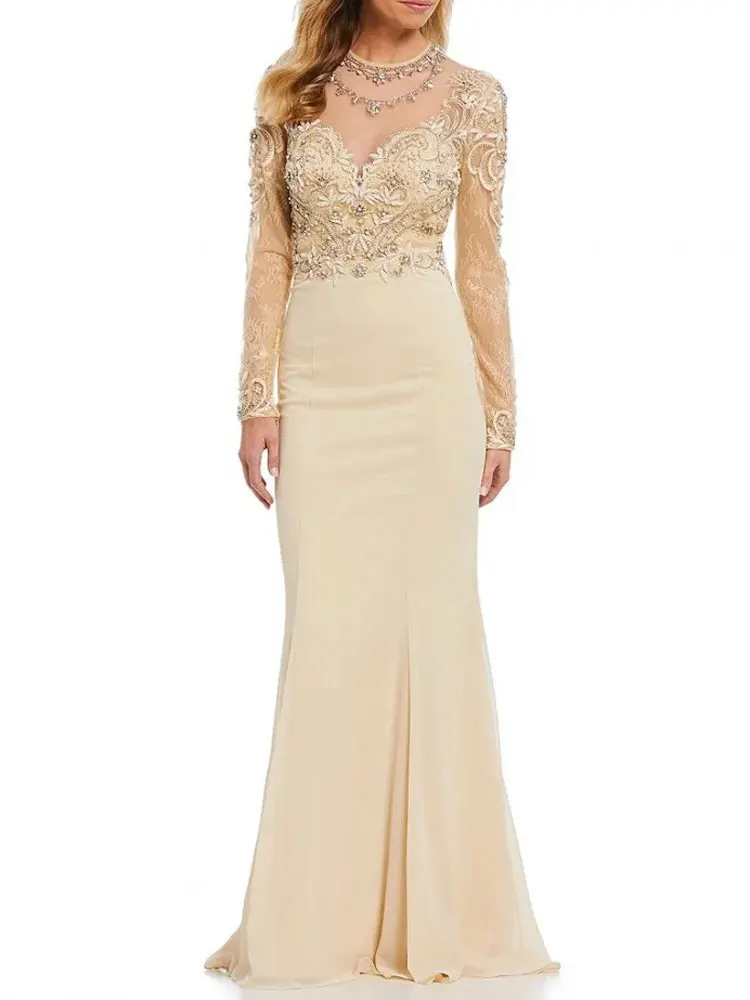 

Long Sleeve Champagne Mother Of The Bride Dresses Jewel Neck Lace Beaded Wedding Guest Dress Plus Size Formal Evening Gowns