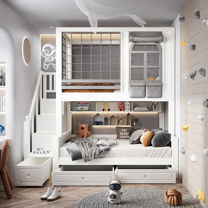 High Guardrail Solid Wood Children on And Off The Bed Bunk Bed Two-layer Boy High and Low Child and Mother Bed Girl