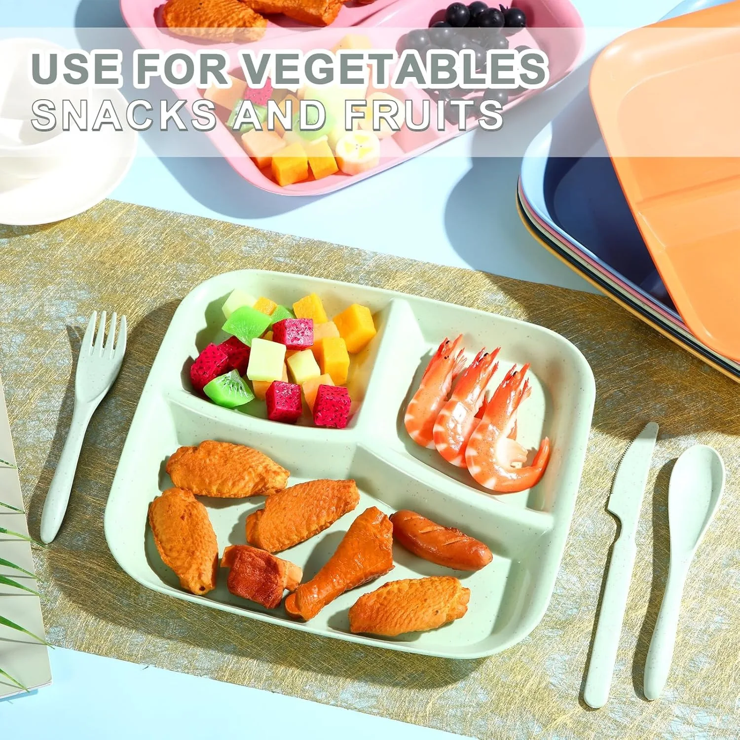 1pcs three-compartment wheat straw divided dinner plate, which is reusable and used for portion control and weight loss diet.