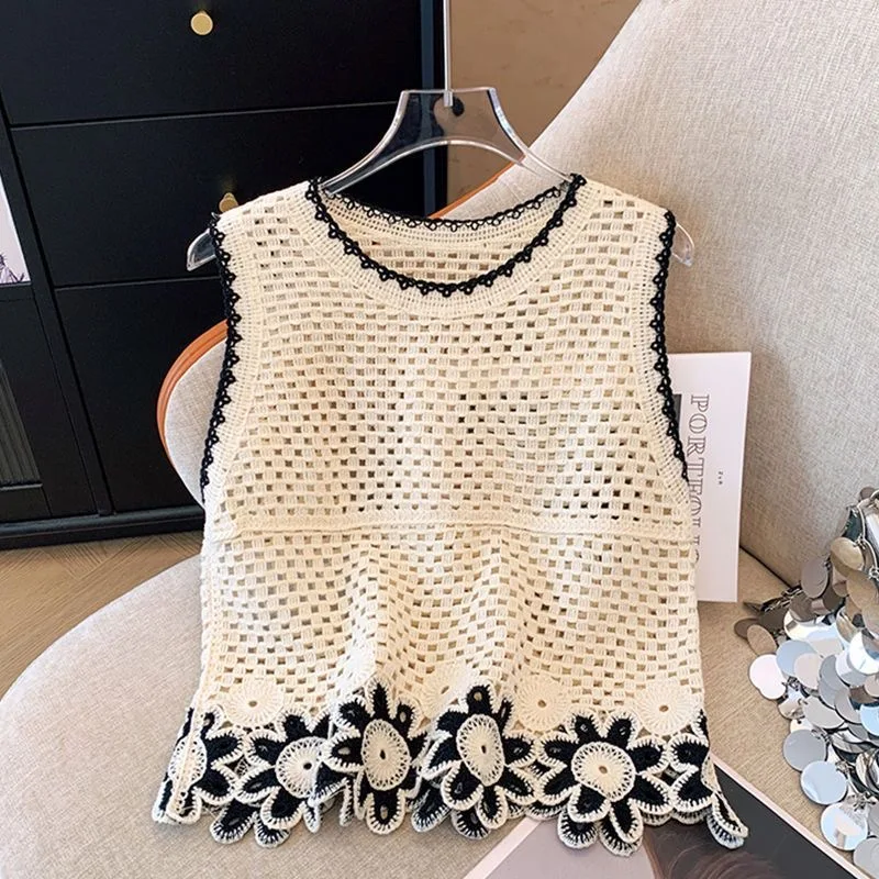 Women's Sleeveless Crochet Knit Vest Contrast Color Floral Lace Hem Boho Tank Top Summer Beach Casual Cover-Up