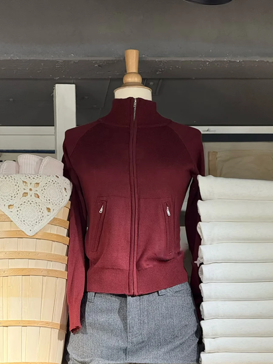 

Vintage Slim Knitted Cardigan Sweater Woman New Stand Collar Zipper Long Sleeve Knitwear Tops Sweet Solid Preppy Style Sweaters