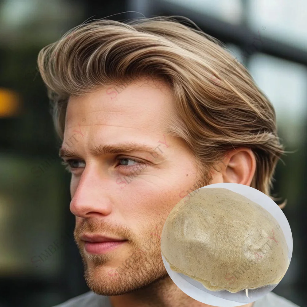 22 ريال #   خط الشعر الطبيعي 0.06-0.08 مللي متر شقراء بني رمادي 100% شعر الإنسان الرجال الشعر المستعار غير قابل للاكتشاف كامل Vloop الجلد الذكور الشعر الاصطناعي