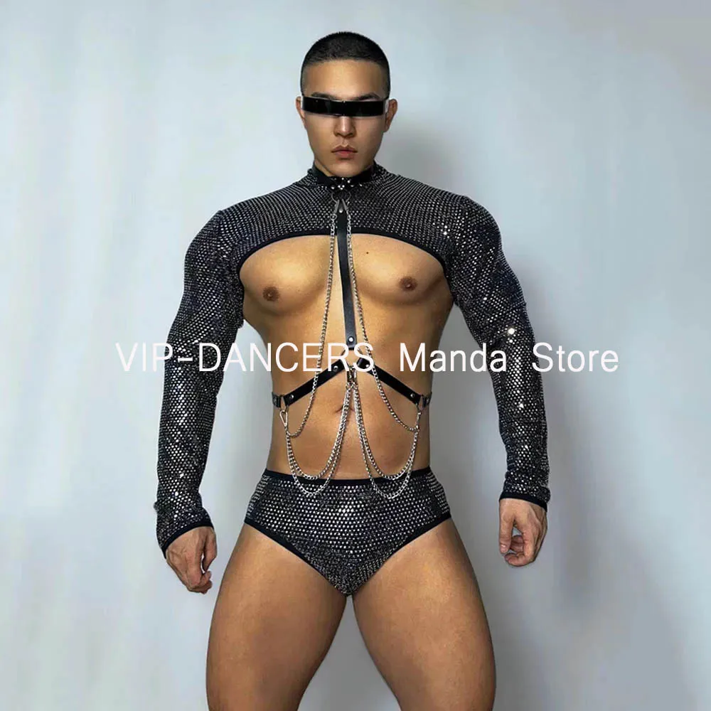 Muscle Man Dancewear Sexy Gogo Dancer Abbigliamento Nero Cintura pettorale Nightclub Party Rave Outfit Glitter Costume Maschile Pole Wear 602