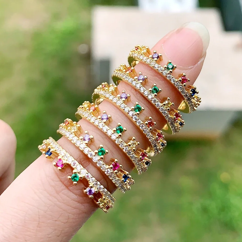 New gift minimal delicate jewelry rainbow colorful cz eternity band crown shape stacking engagement thin lovely ring