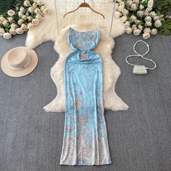 Foamlina Seaside Vacation Sleeveless Sling Dress Women's Backless Low-cut Halter Retro Tie-dye Strapless Bodycon Dresses