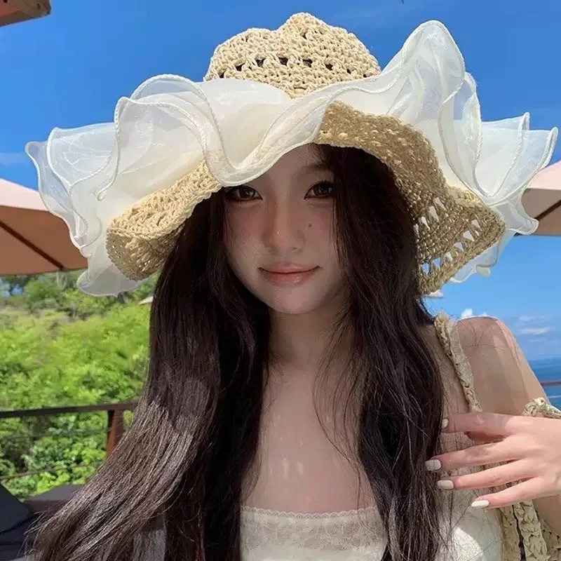 French Straw Hat for Women, Spring Summer Lace Trim Mother Daughter Matching Hat with Mesh Veil Pearl Beach Vacation