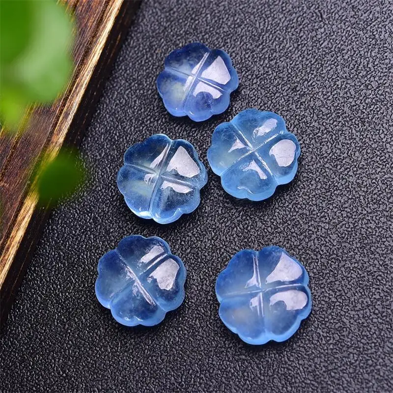 2PCS Natural Aquamarine Four Leaf Clover Carving Jewelry For Bracelet Reiki Healing Fengshui Stone DIY Accessories 12MM