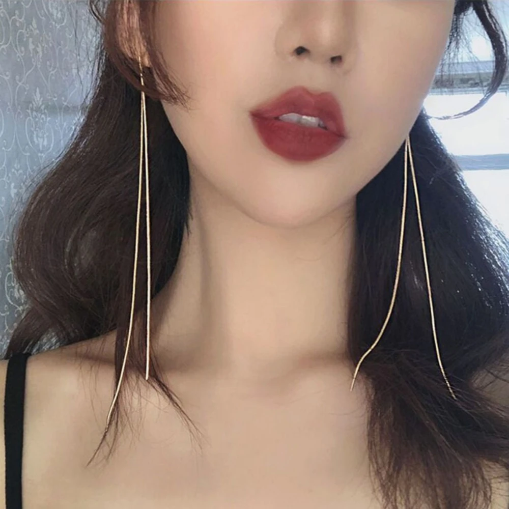 Minimalist Long Tassel Threader Earrings Gold Tone Thin Chain Dangle Earrings for Women Daily Party Wear Statement Jewelry Gifts