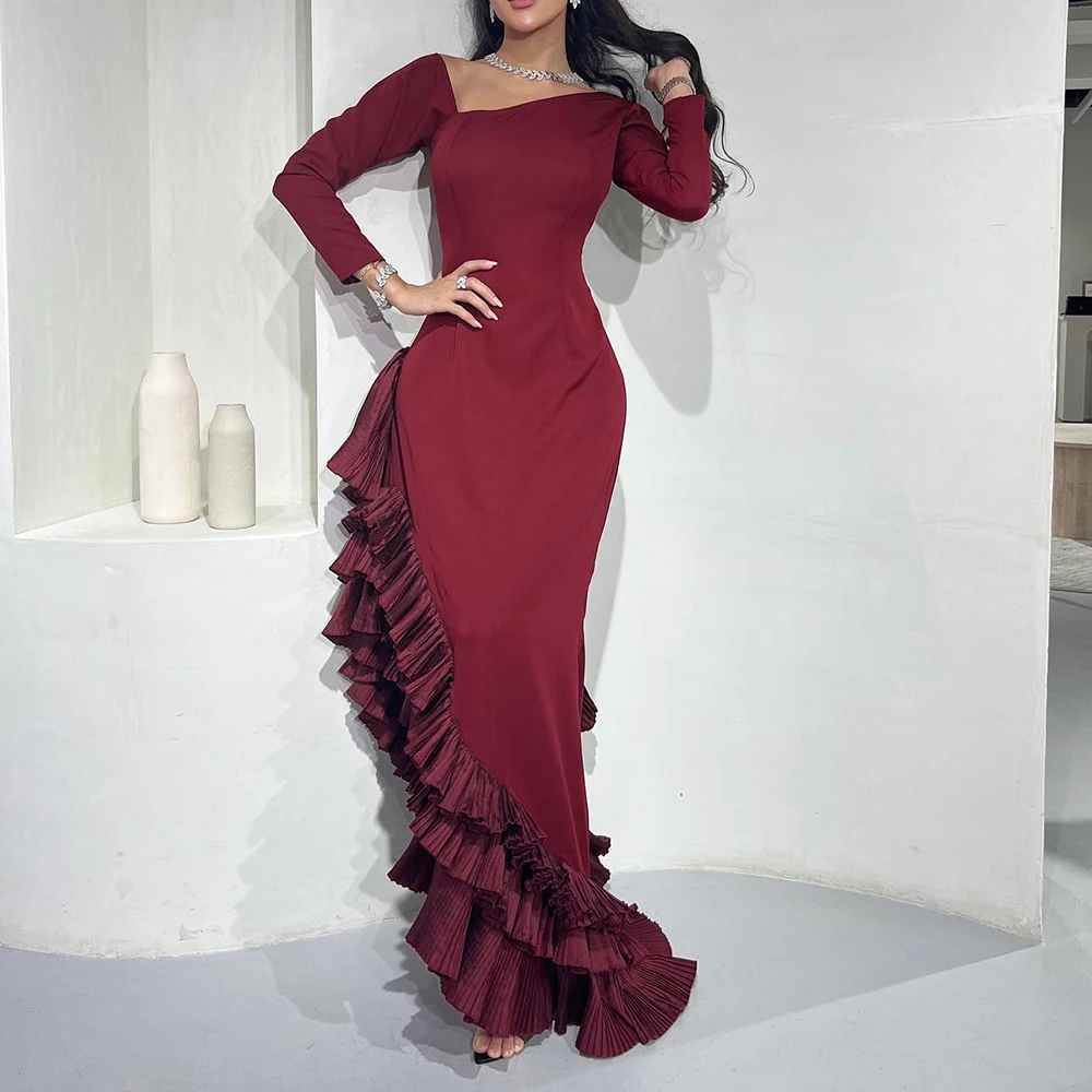 

Customized Classic Ruffles Tiered V-Neck Satin Long Sleeves Evening Dress Temperament Burgundy Pleats Side Slit Vestido De Noche