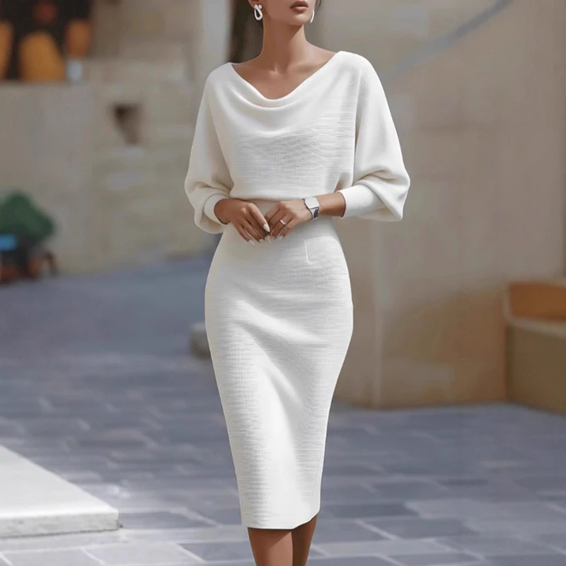 2026 Spring Sexy Draped Crew Neck Party Dress Woman Elegant Solid High Waist Slim Hips Dress Autumn 3/4 Sleeve Zips Office Dress