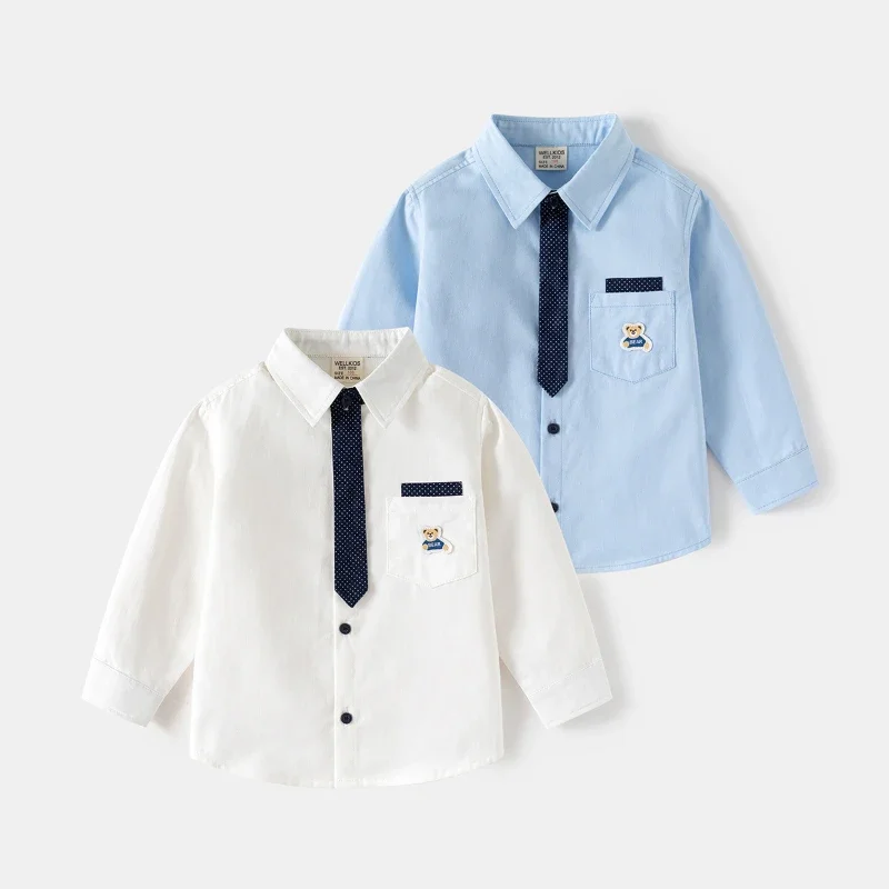 2025 Spring Baby Boys Blouses with Tie Kids Button Up White Shirts School Uniform Tops Cartoon Autumn Children's Clothing