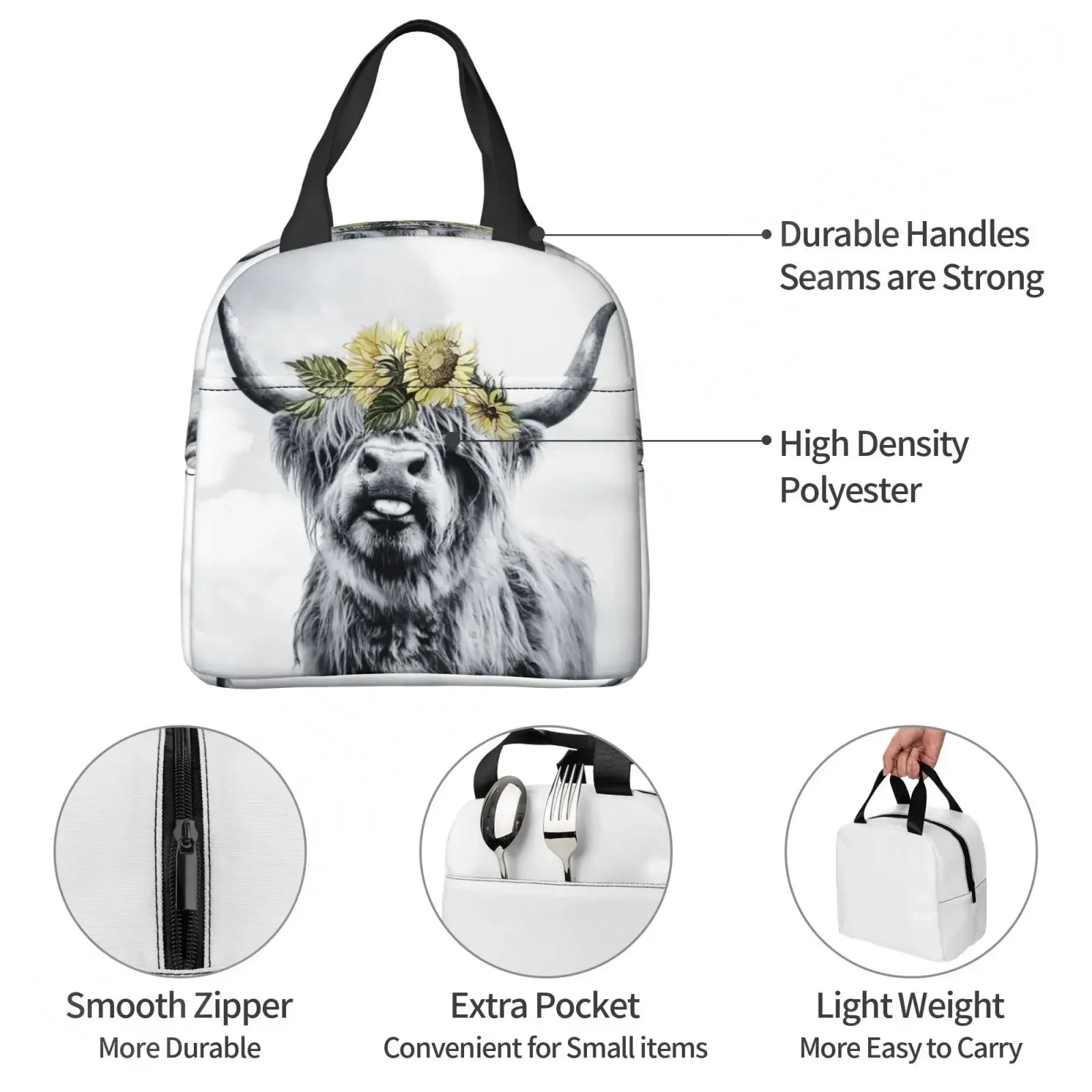 Hochland kuh lustige Stier Thermal Lunch Bag niedlichen westlichen Wildtier Tier Porträt Bento Taschen isoliert Lunchbox für die Arbeits schule