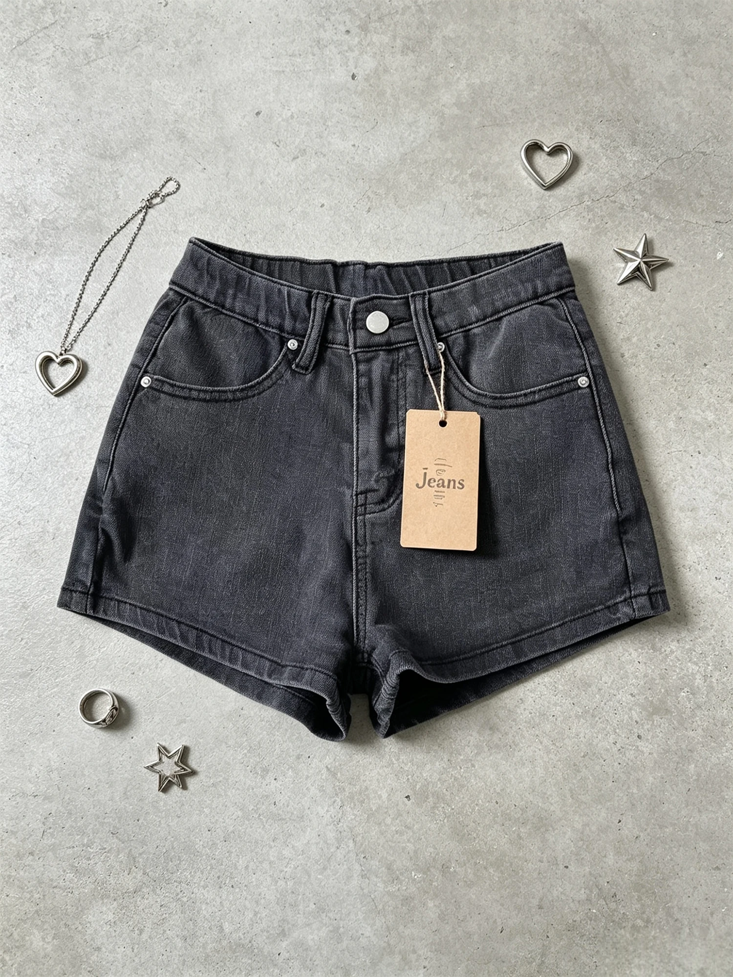 Dunkelgraue Booty-Denim-Shorts für Damen, Y2K Gyaru Emo High Waist Cowboy-Shorts, Vintage Harajuku Mini-Hotpants für den Sommer