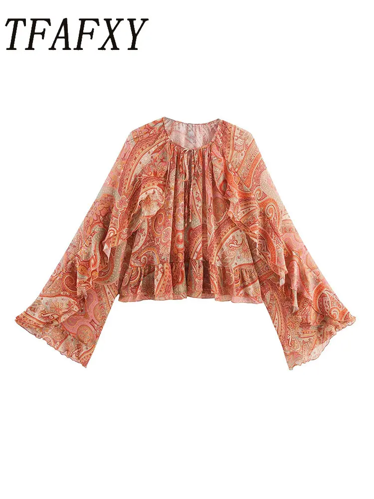 TFAFXY المرأة بلوزة أنيقة غير رسمية الأزهار طباعة الكشكشة مضيئة كم قمصان موضة جديدة ربيع الخريف عطلة البلوزات